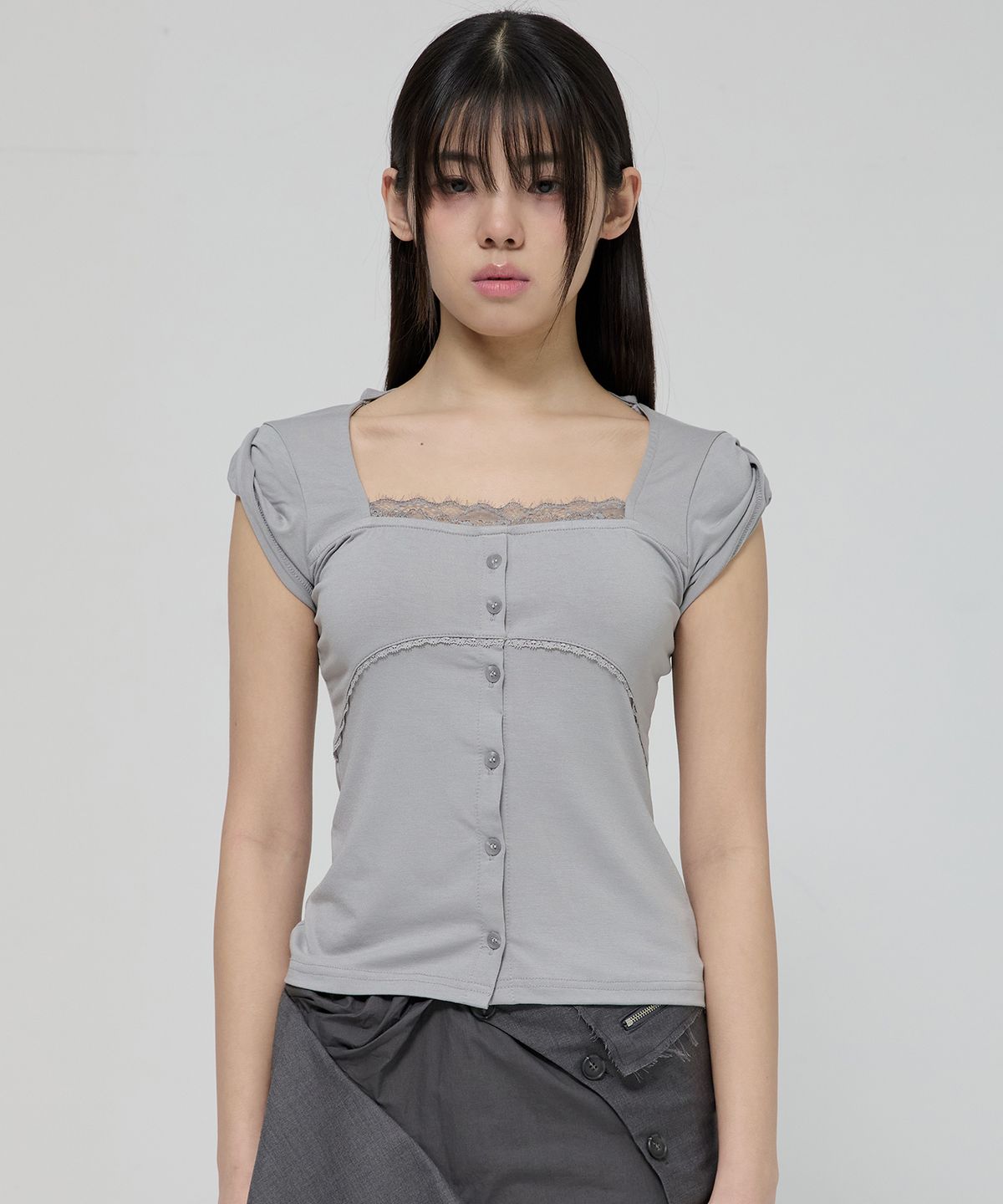 플레어업(FLAREUP) Lace Sleeve Top (FL-112_Gray)