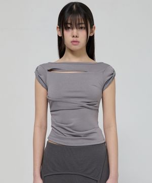Asymmetrical Draped Roll-Up T-Shirt (FL-165_Dark Gray)