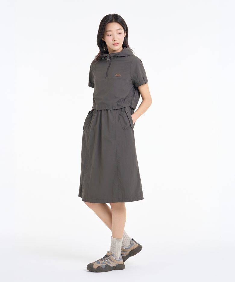 여성 레이어 후디 원피스 카키