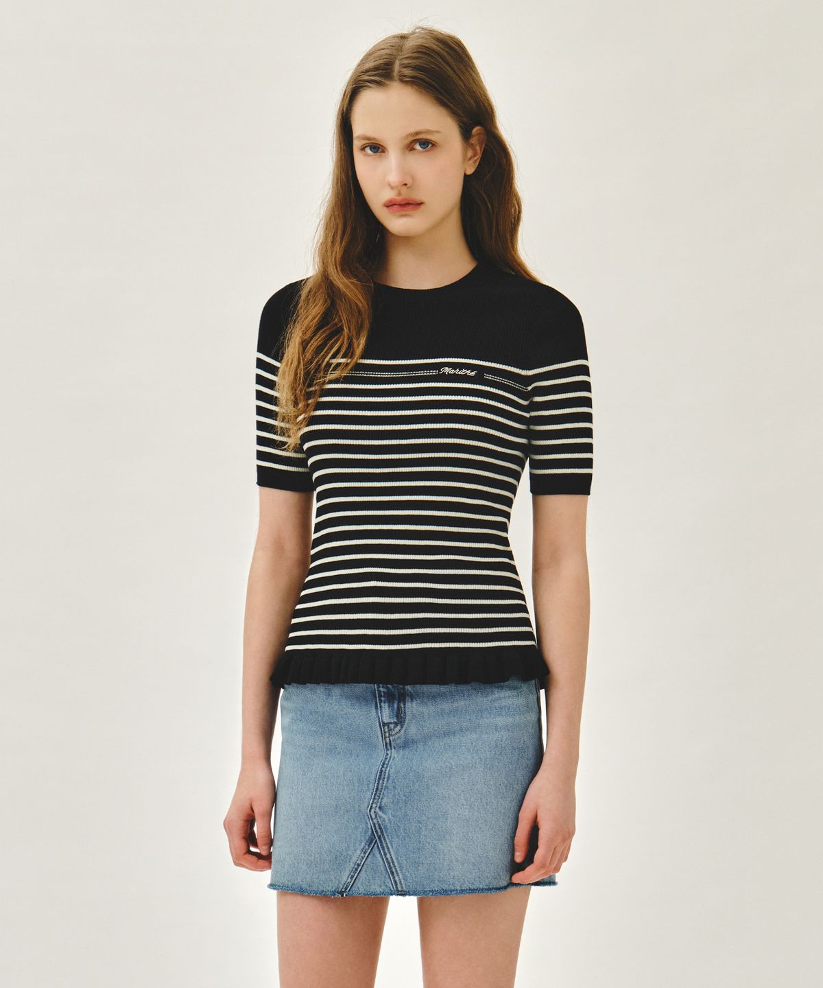 마리떼 프랑소와 저버(MARITHÉ + FRANҪOIS GIRBAUD) W RUFFLE POINT STRIPE HALF KNIT PULLOVER black