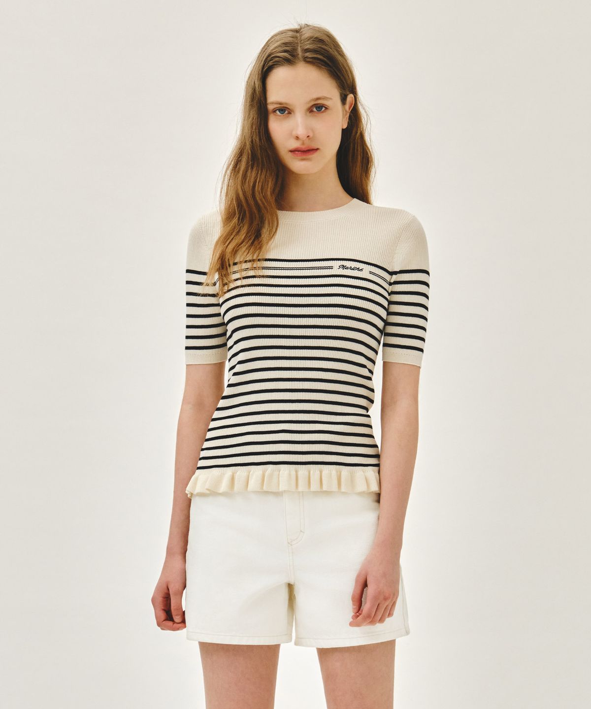 마리떼 프랑소와 저버(MARITHÉ + FRANҪOIS GIRBAUD) W RUFFLE POINT STRIPE HALF KNIT PULLOVER beige