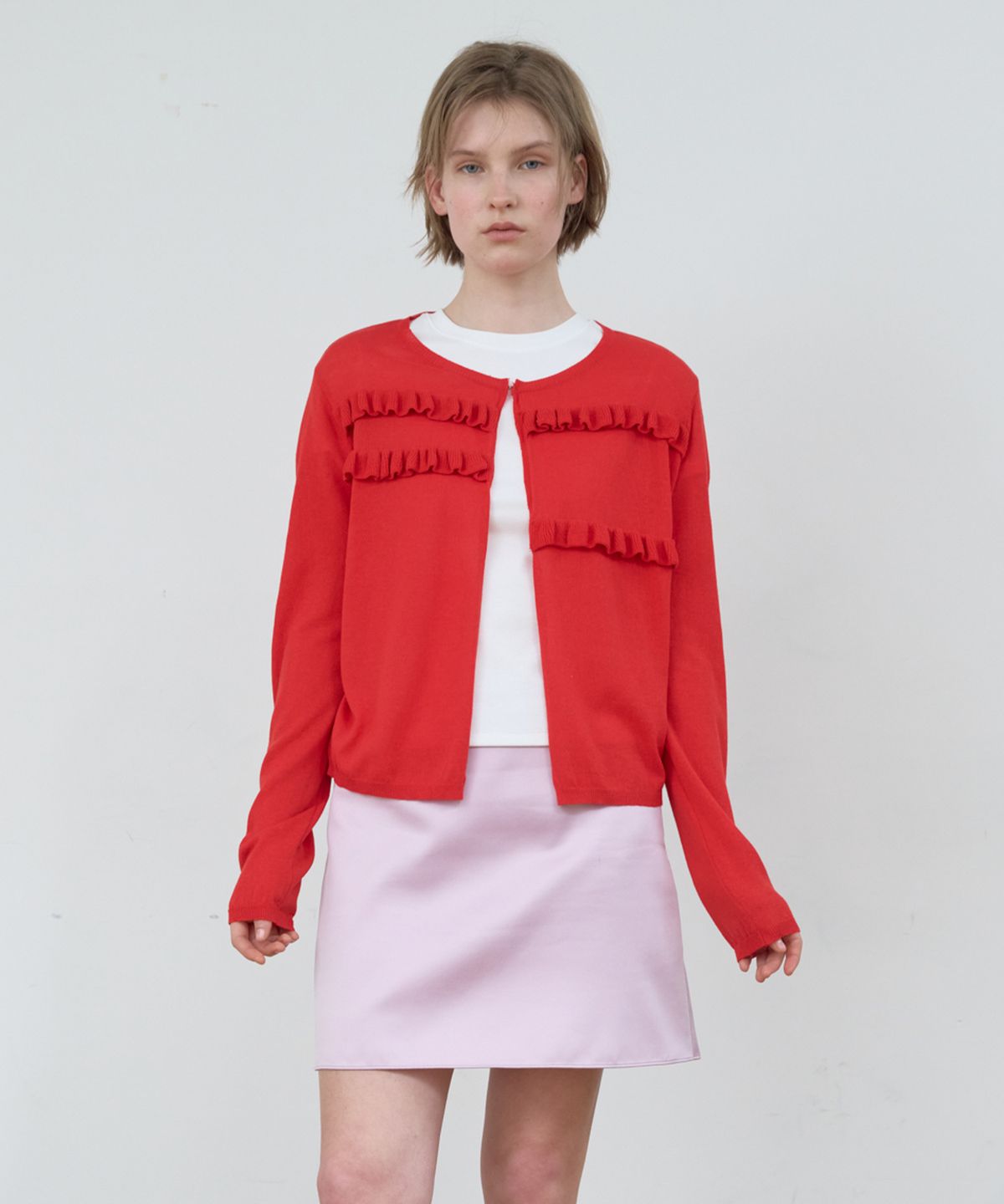마조네(MA JOURNEE) SHEER FRILL CARDIGAN_RED