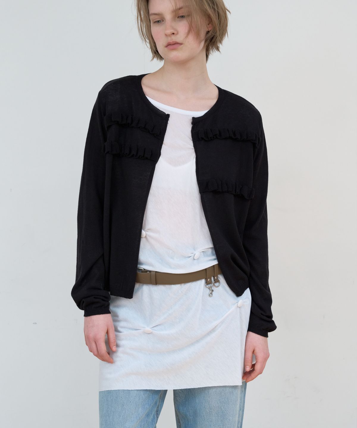 마조네(MA JOURNEE) SHEER FRILL CARDIGAN_BLACK