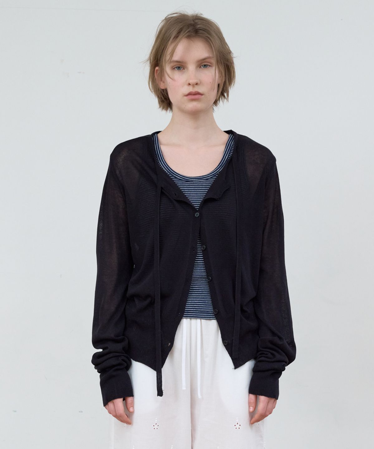 마조네(MA JOURNEE) LINEN STRING CARDIGAN_BLACK
