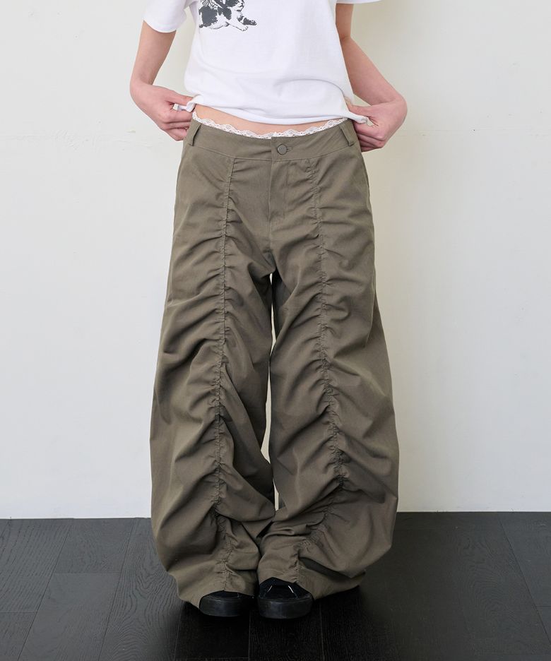 LACE LAYERED WIDE PANTS - KHAKI