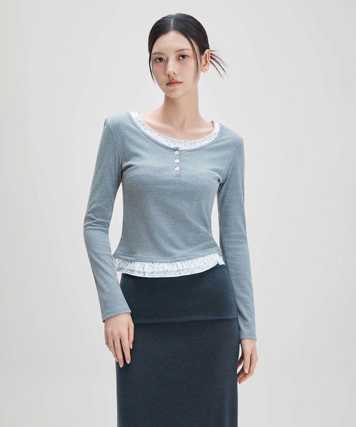 미쏘(MIXXO) 패턴 프릴 레이어드 티셔츠_MIWLWG412A MIWHWG50QA