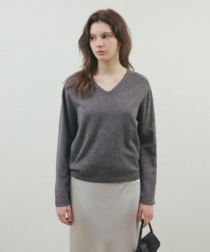 블룸 레이스 브이넥 니트_Melange