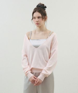 솔리드 딥 브이넥 니트_Pastel Pink