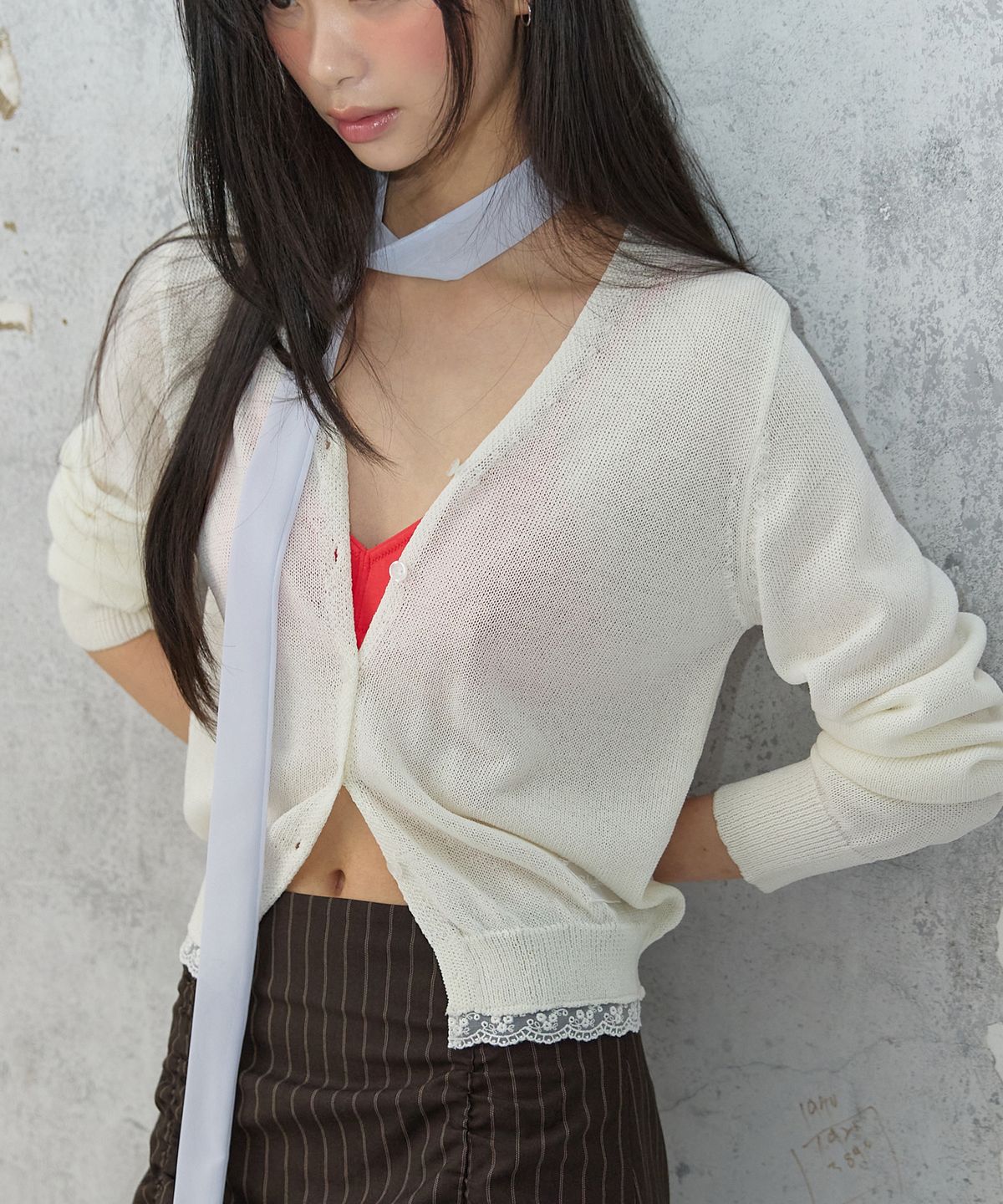 미치코런던 코시노(MICHIKO LONDON KOSHINO) 헴 레이스 린넨 가디건 아이보리