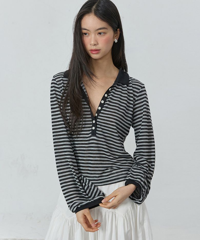 딥 버튼 카라 넥 탑 멜란지 그레이