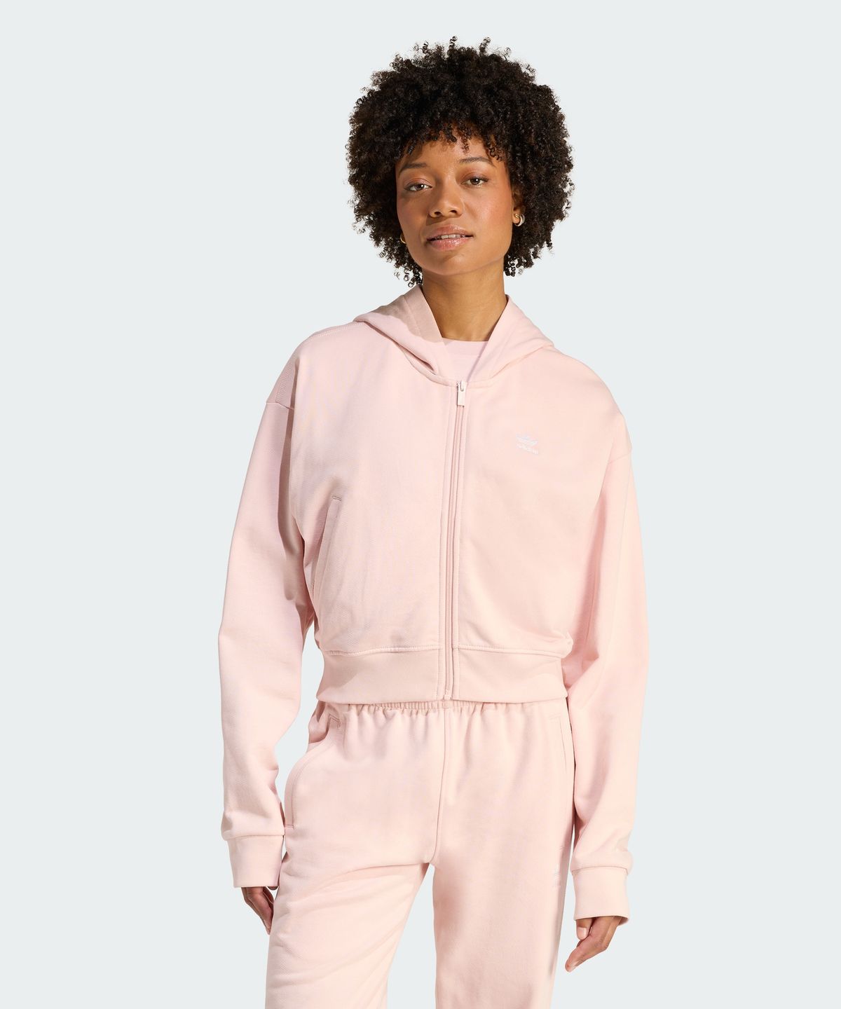 아디다스(ADIDAS) 에센셜 프렌치 테리 크롭 지퍼 후디 - 샌드핑크 / KE3217