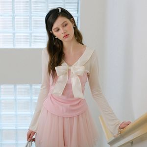 Cest_Ribbon shirring long sleeve top