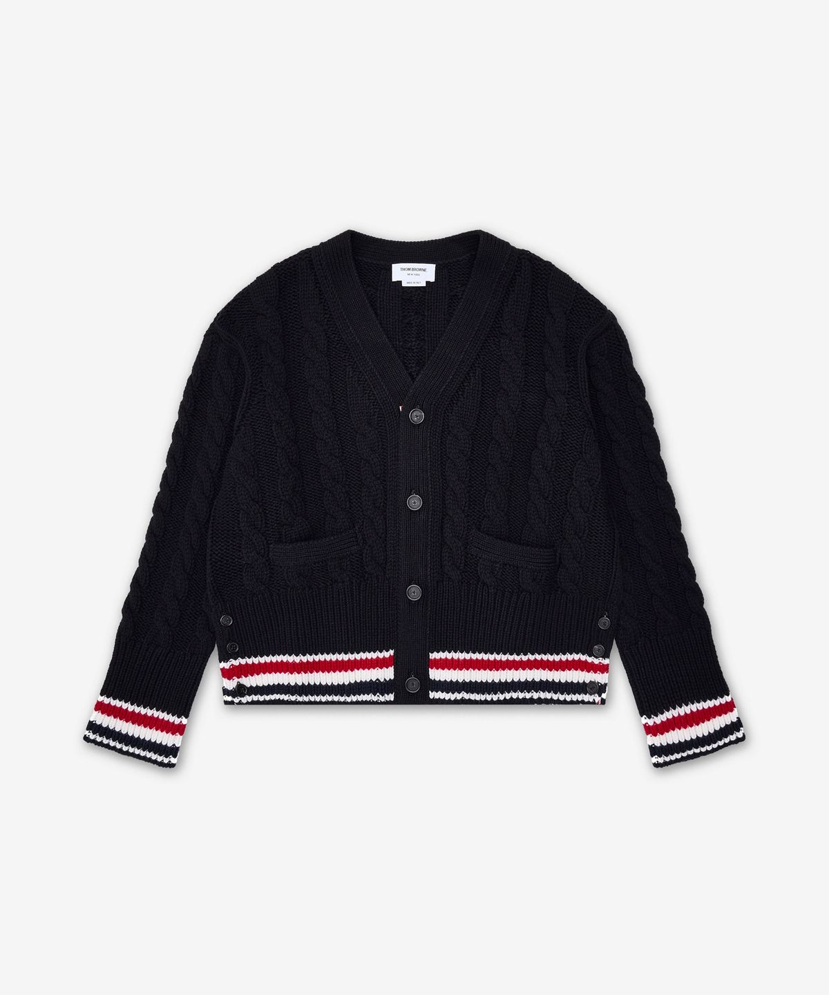 톰 브라운(THOM BROWNE) 메리노 베이비 케이블 스티치 RWB 스트라이프 가디건 - 블랙 / MKC622AY1005001