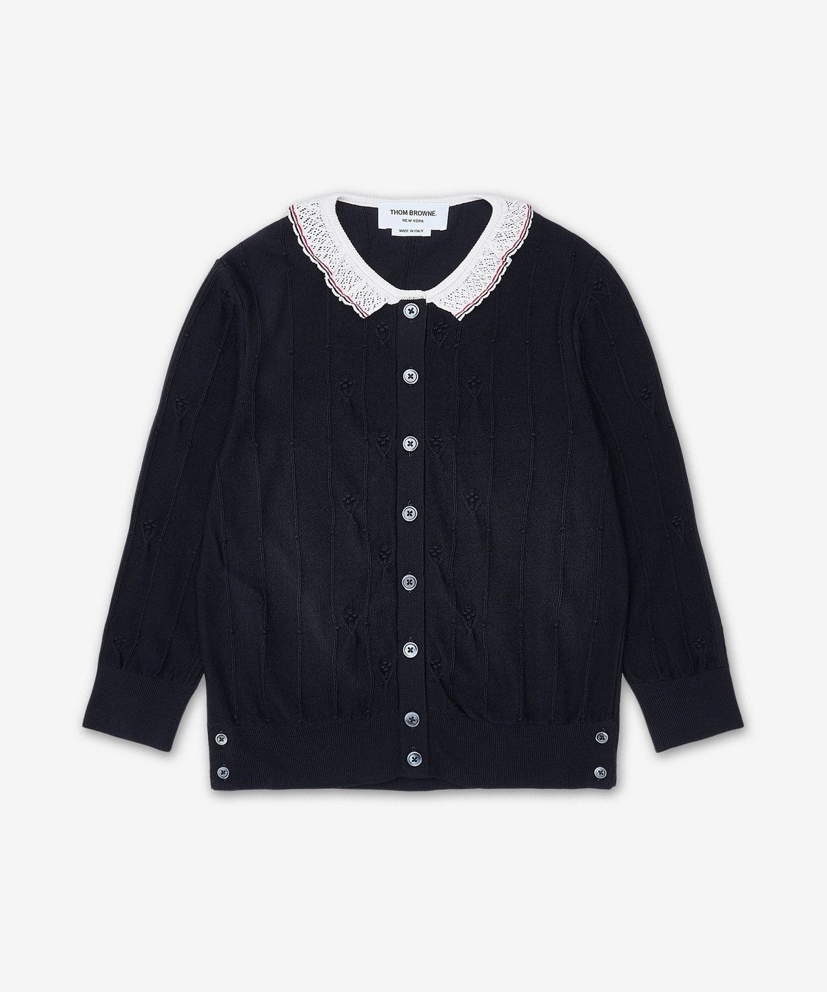 톰 브라운(THOM BROWNE) 메리노 울 보블 스티치 레이스 트림 가디건 - 네이비 / FKC697BY1051415