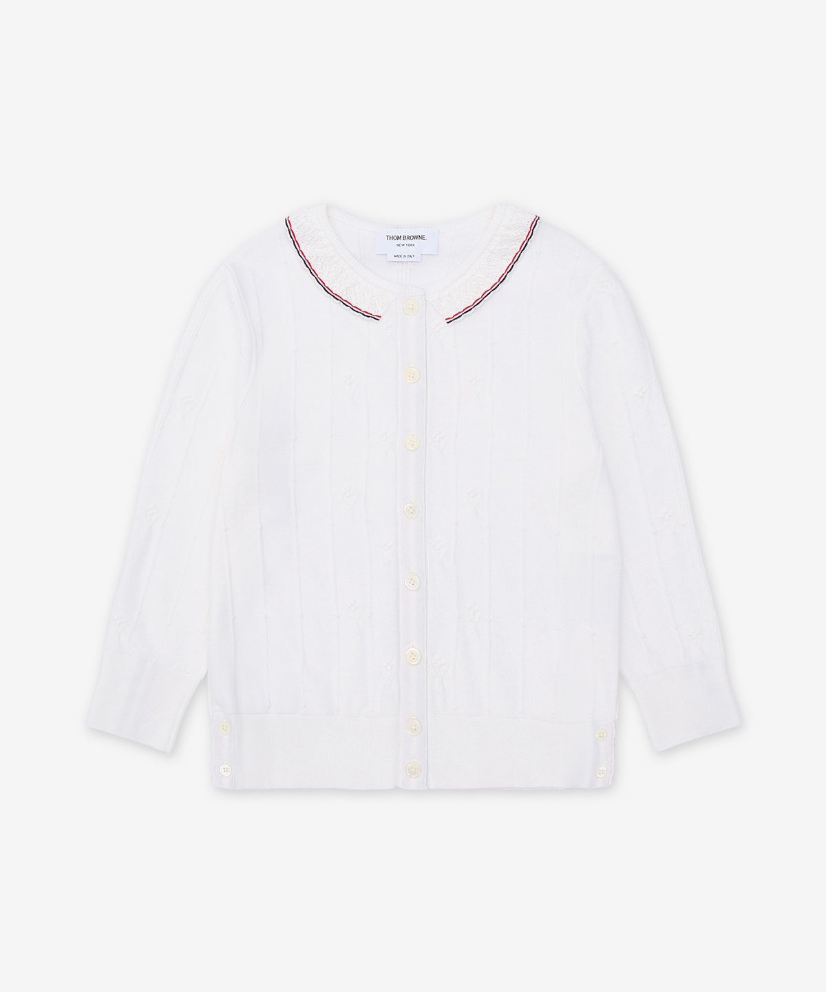 톰 브라운(THOM BROWNE) 메리노 울 보블 스티치 레이스 트림 가디건 - 화이트 / FKC697AY1051100