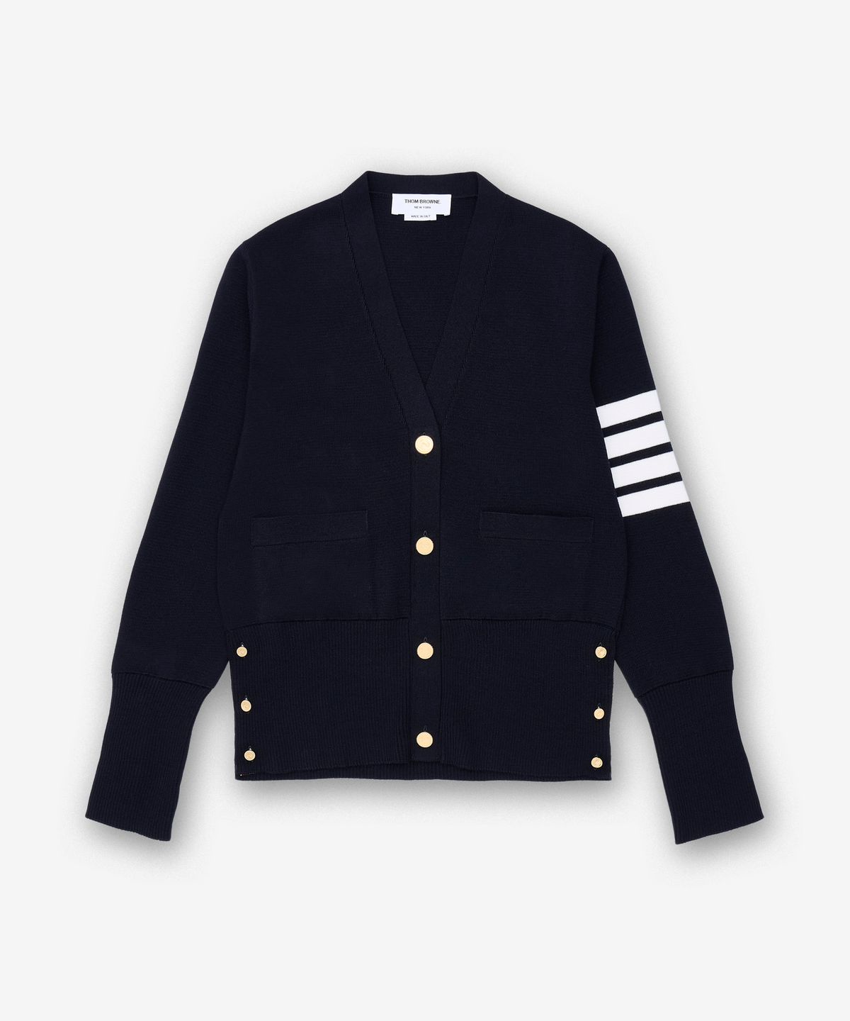 톰 브라운(THOM BROWNE) 울 4-바 브이넥 가디건 - 네이비 / FKC207A00014415