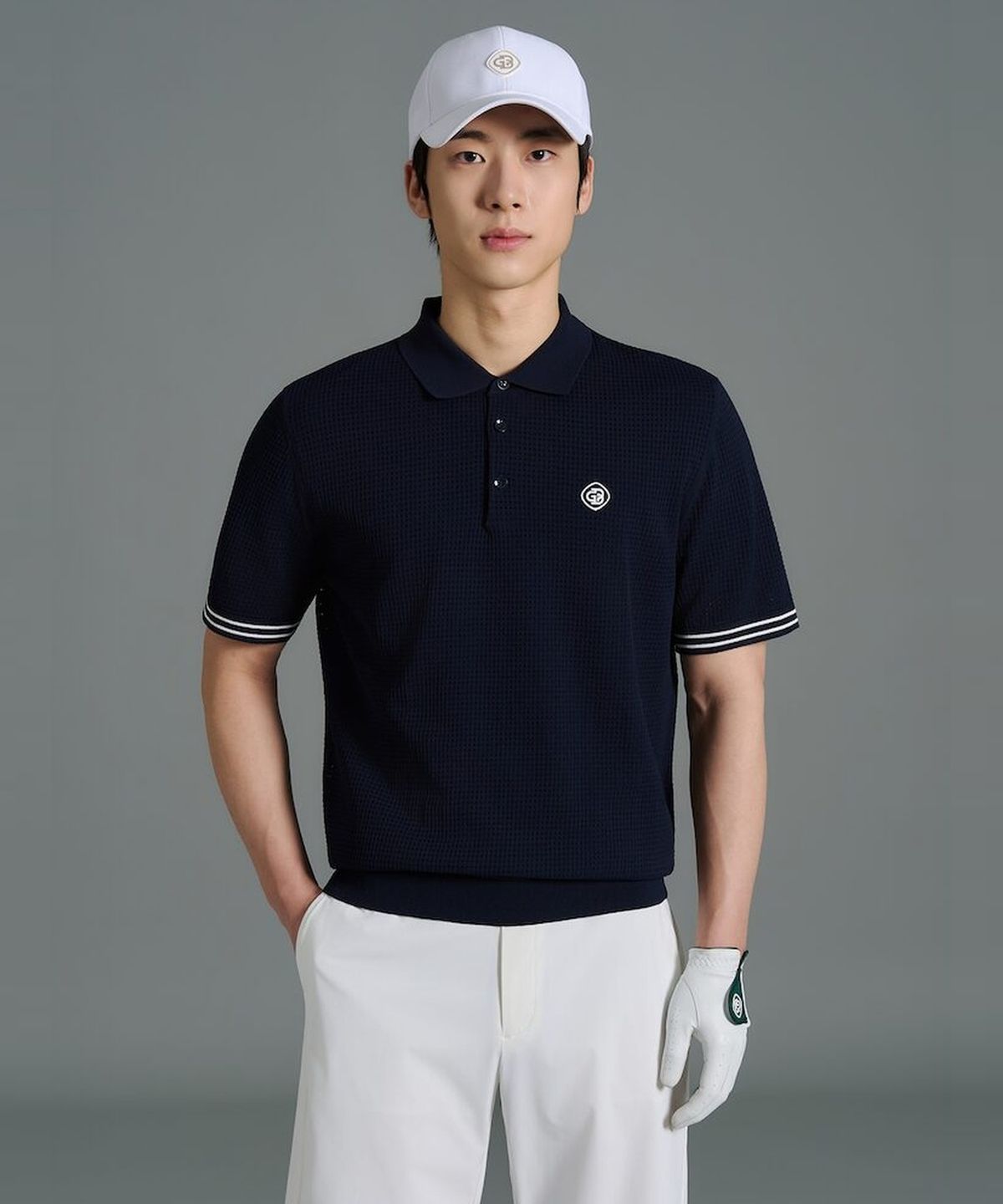 빈폴골프(BEANPOLE GOLF) [HERITAGE] 남성 니트 스카시 텍스처 반소매 칼라티  네이비