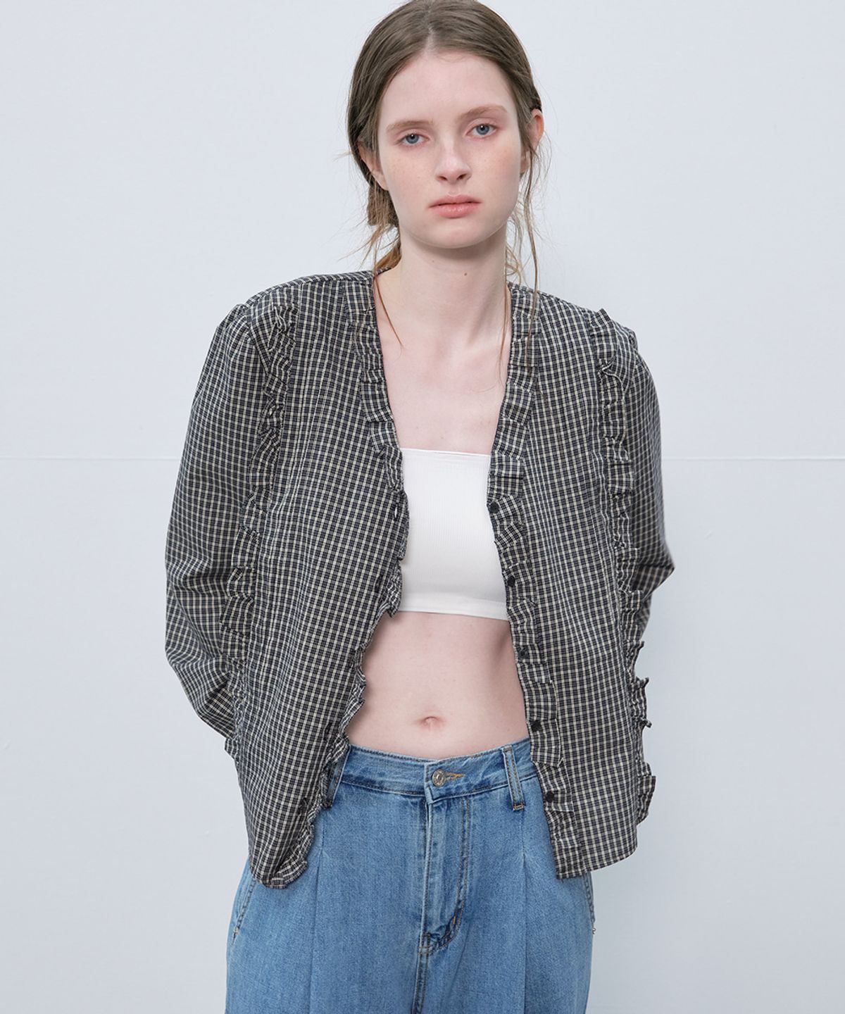프리버07(FRIVER07) Check pintuck ruffle blouse [FRSP06BL10]_Black