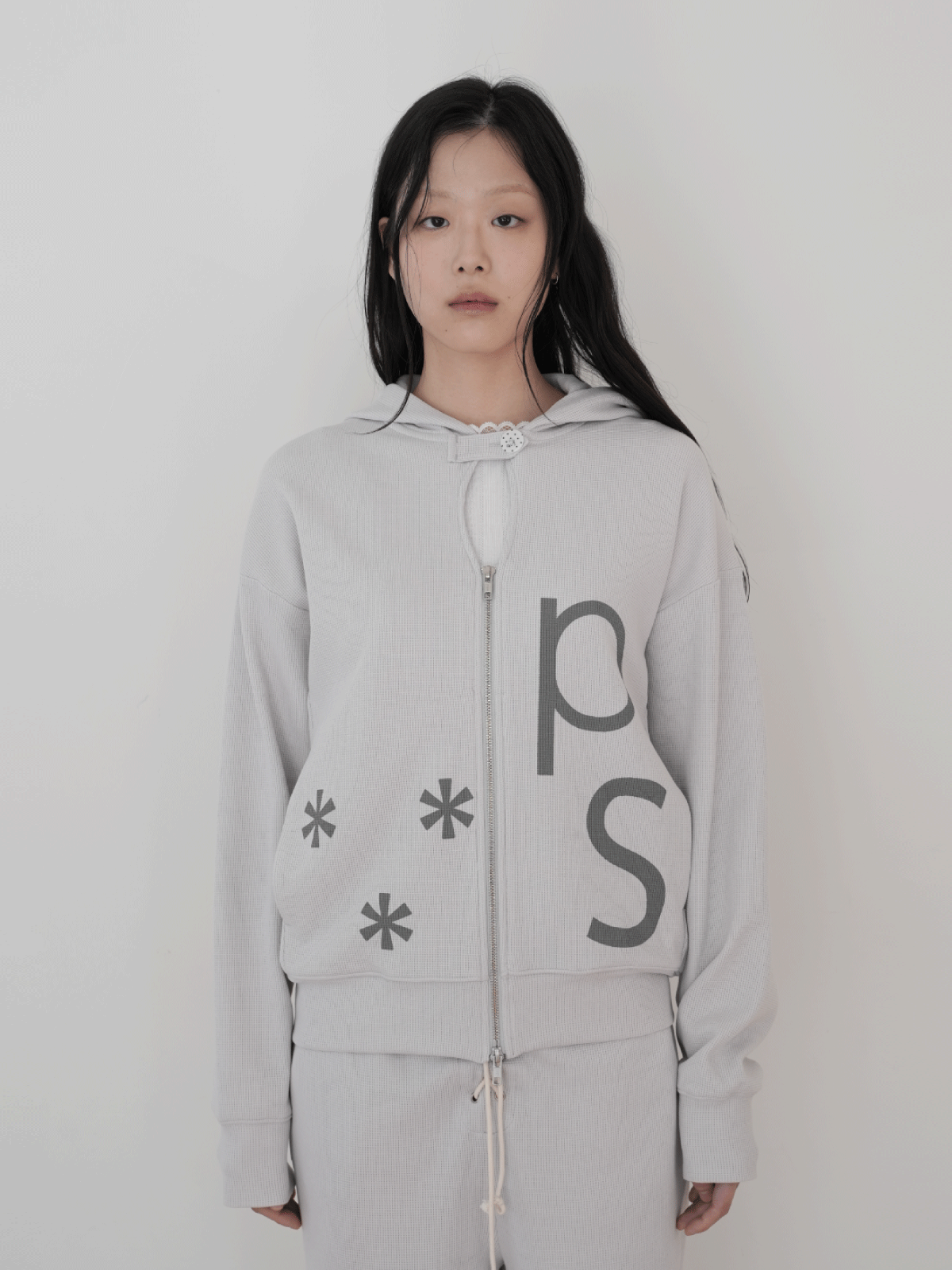 피브스피브스(PEEVES PEEVES) Waffle Zip-Up Hoodie / Light Grey