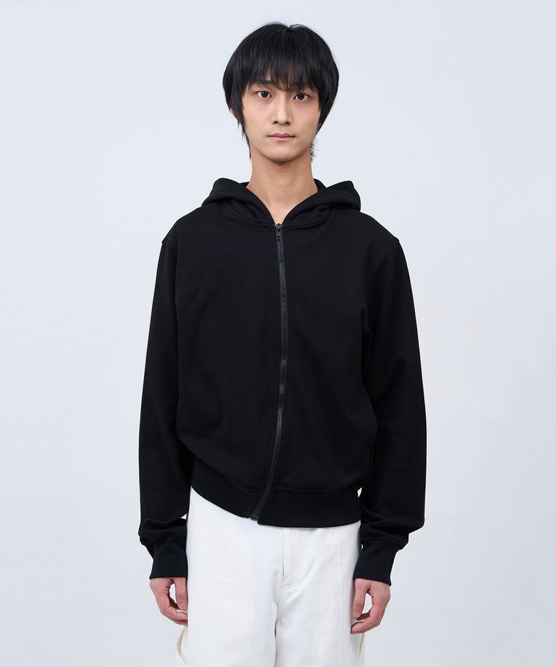 Asymmetric Curved Zip Hoodie Black