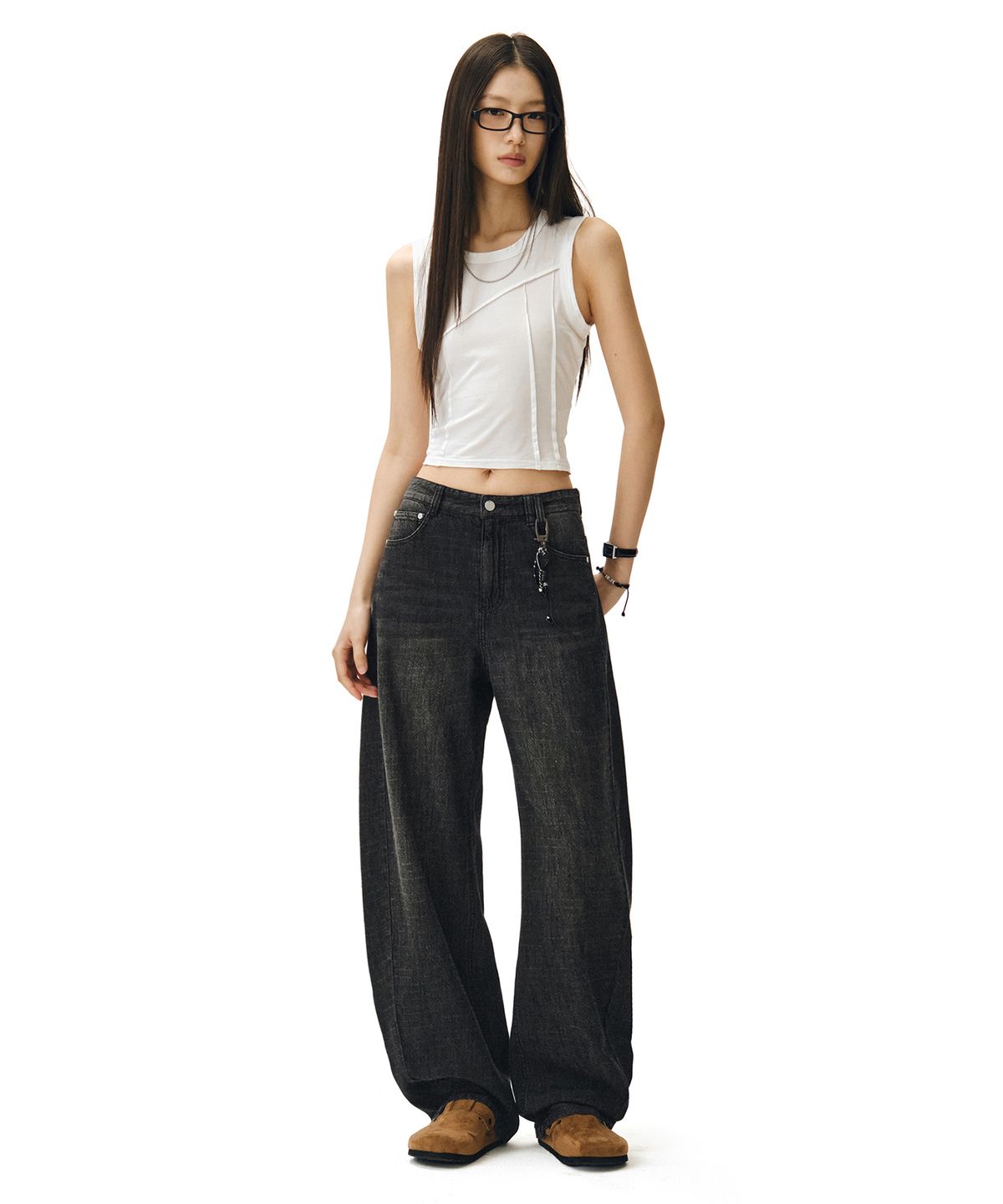 데케트 우먼(DECET WOMEN) [린넨라이크]Linen Like Curved Wide Jeans DCWPT026BLACK