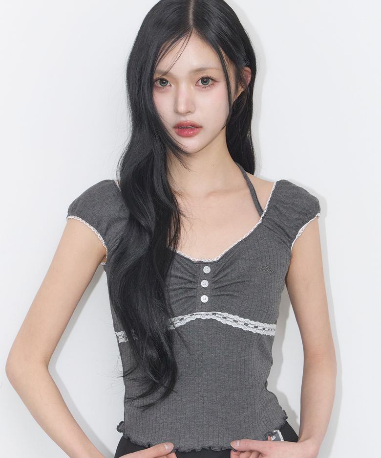 버튼 홀터 슬리브리스 차콜