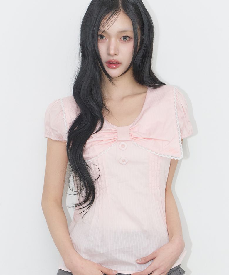 세일러 보우 카라 블라우스 핑크