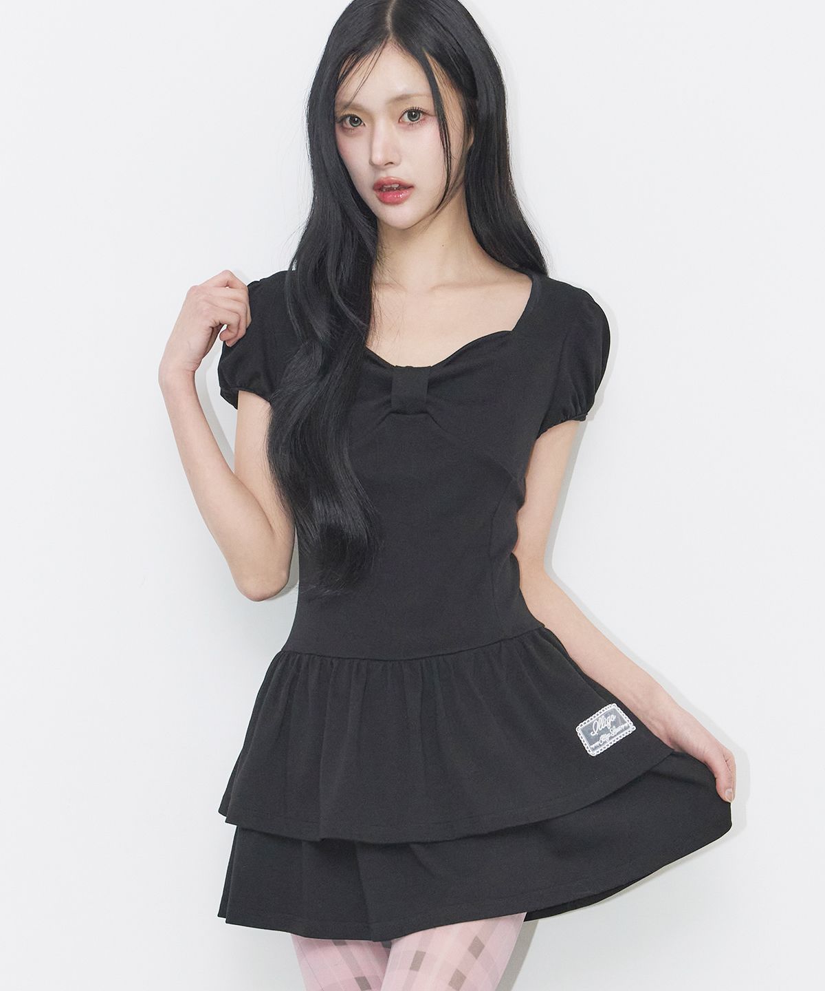 일리고(ILLIGO) 보우 플레어 미니 원피스 블랙