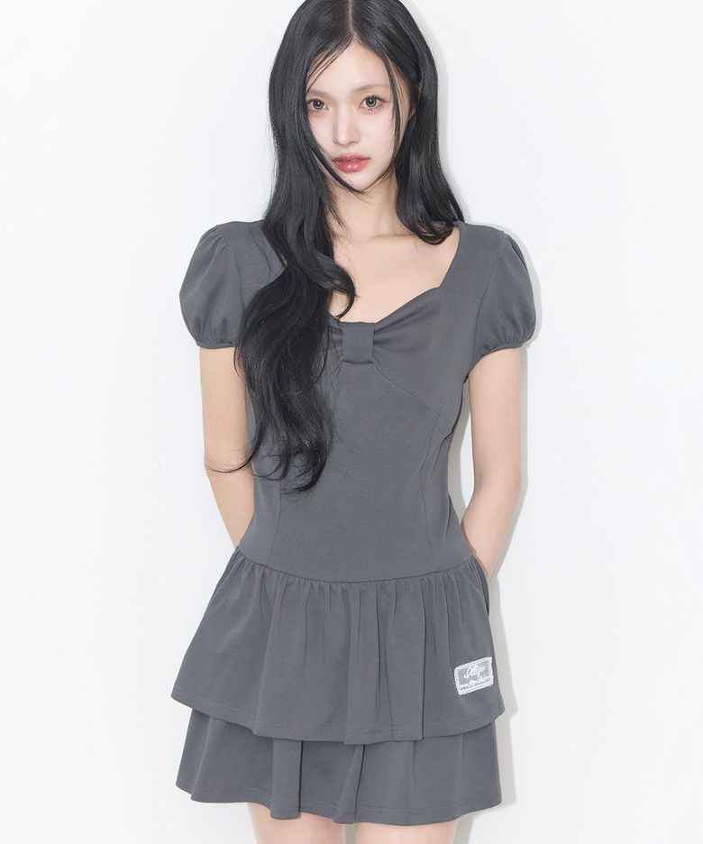 보우 플레어 미니 원피스 차콜