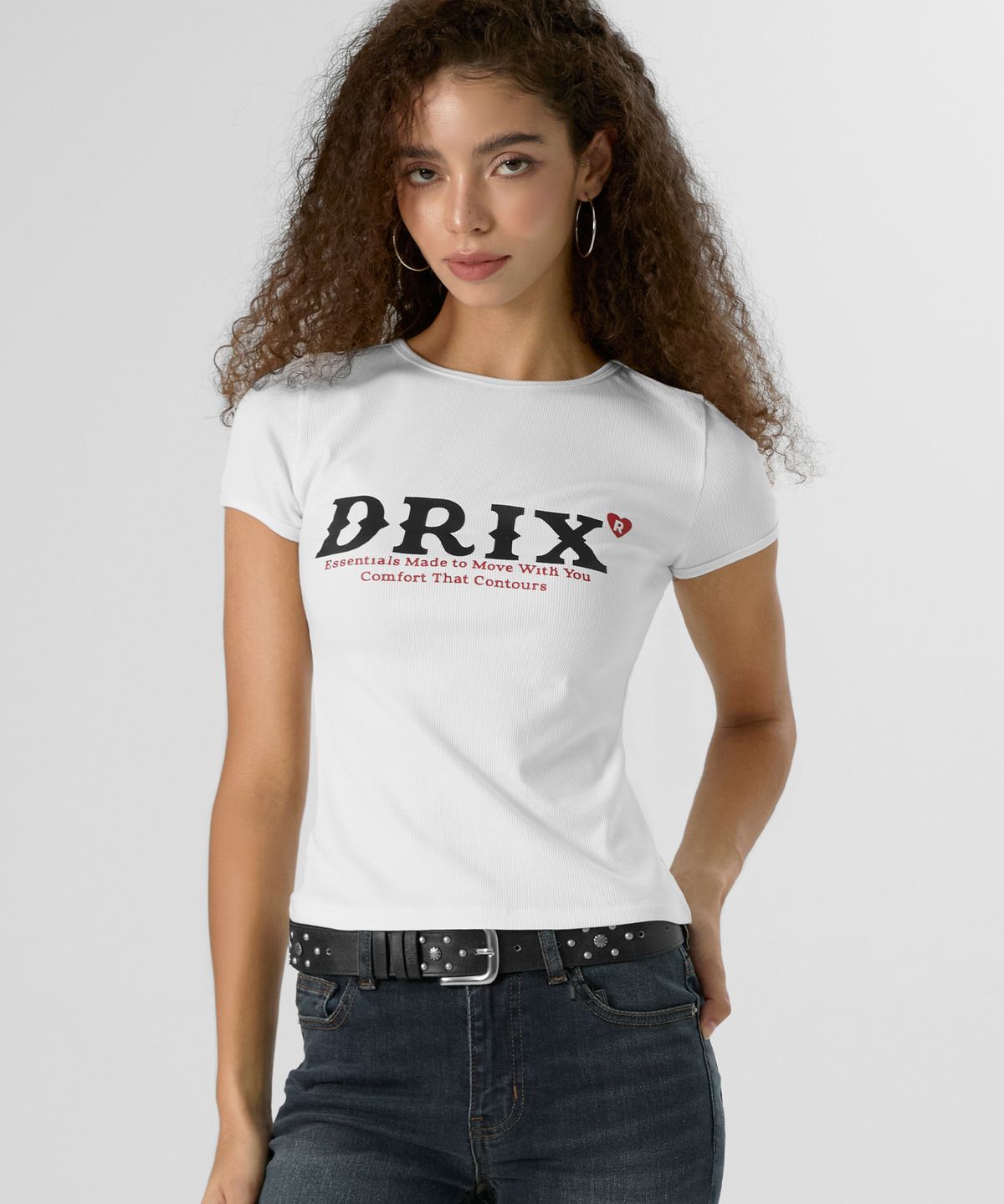 드릭스(DRIX) 우먼스 그래픽 피그먼트 립브드 숏 슬리브_화이트
