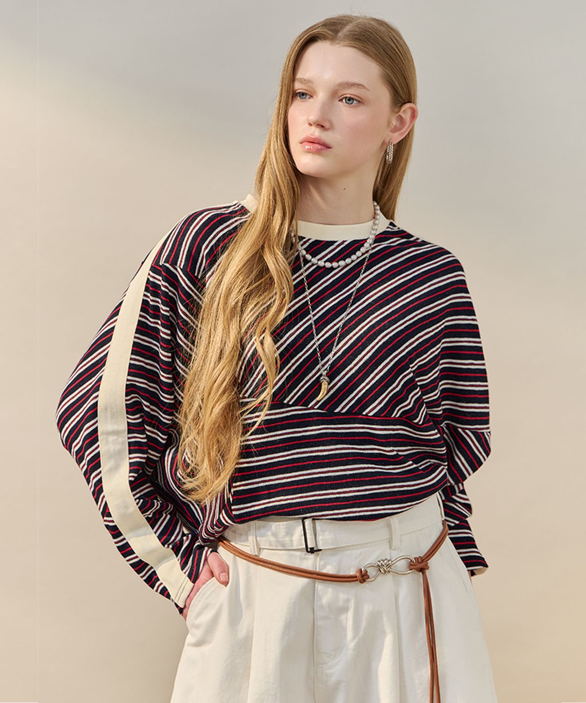 마쟈(MAXZA) 믹스 스트라이프 배색 티셔츠