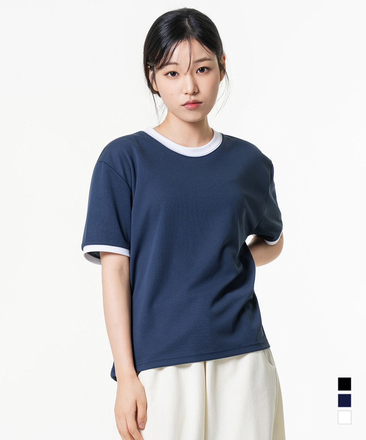 모즈모즈(MOZMOZ) 에센셜 에어 메쉬 반팔 링거 티셔츠 네이비