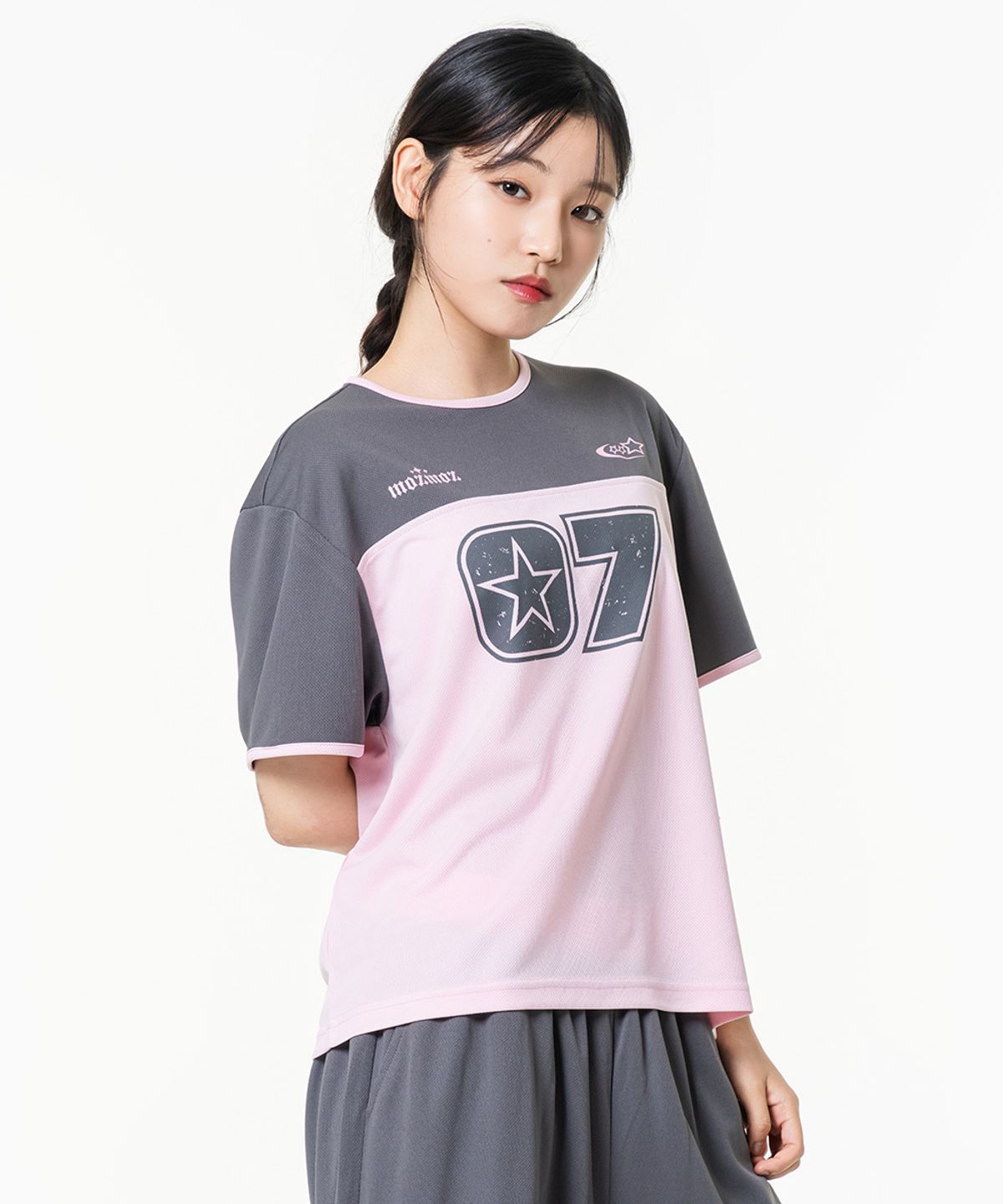모즈모즈(MOZMOZ) 파스텔 에어 메쉬 반팔 저지 티셔츠 핑크