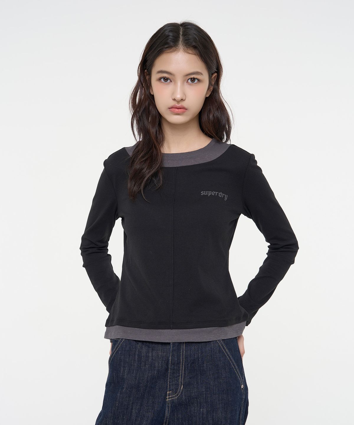 슈퍼드라이(SUPERDRY) 우먼스 레이어드 긴팔 티셔츠 블랙 SDFILAQ41BLK