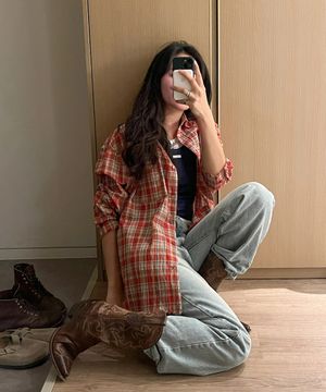 보더 컷오프 오버핏 체크셔츠(레드)