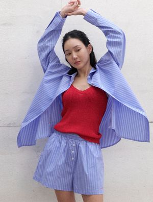 덴 스트라이프 오버핏 셔츠(블루)
