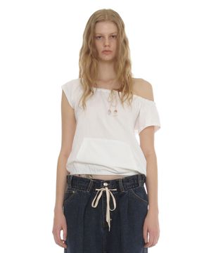 드로스트링 오프숄더 숏슬리브 티_화이트