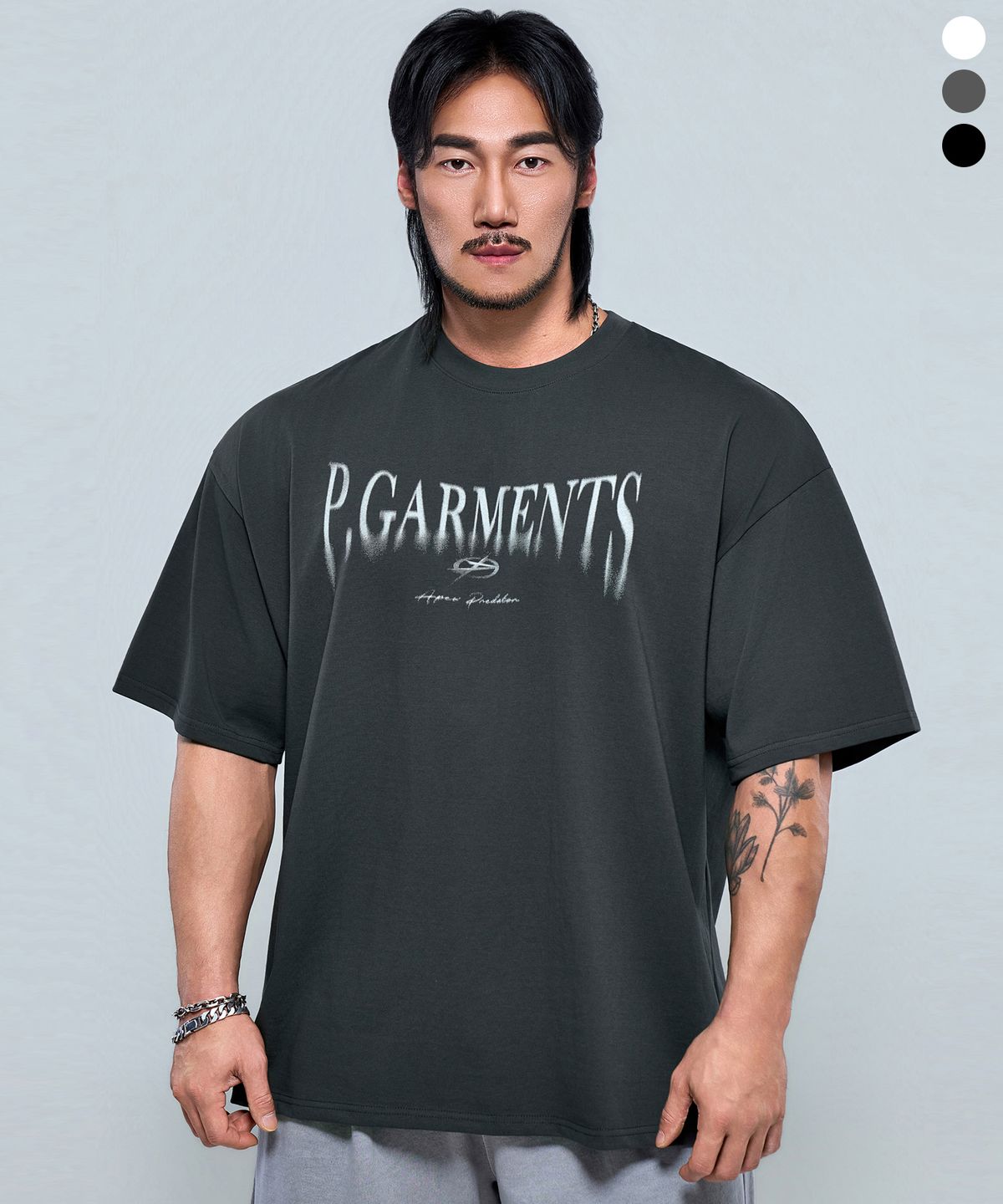 피지컬가먼츠(PHYSICAL GARMENTS) P2625 플로우 로고 어드숄더핏 반팔 [3COLOR]