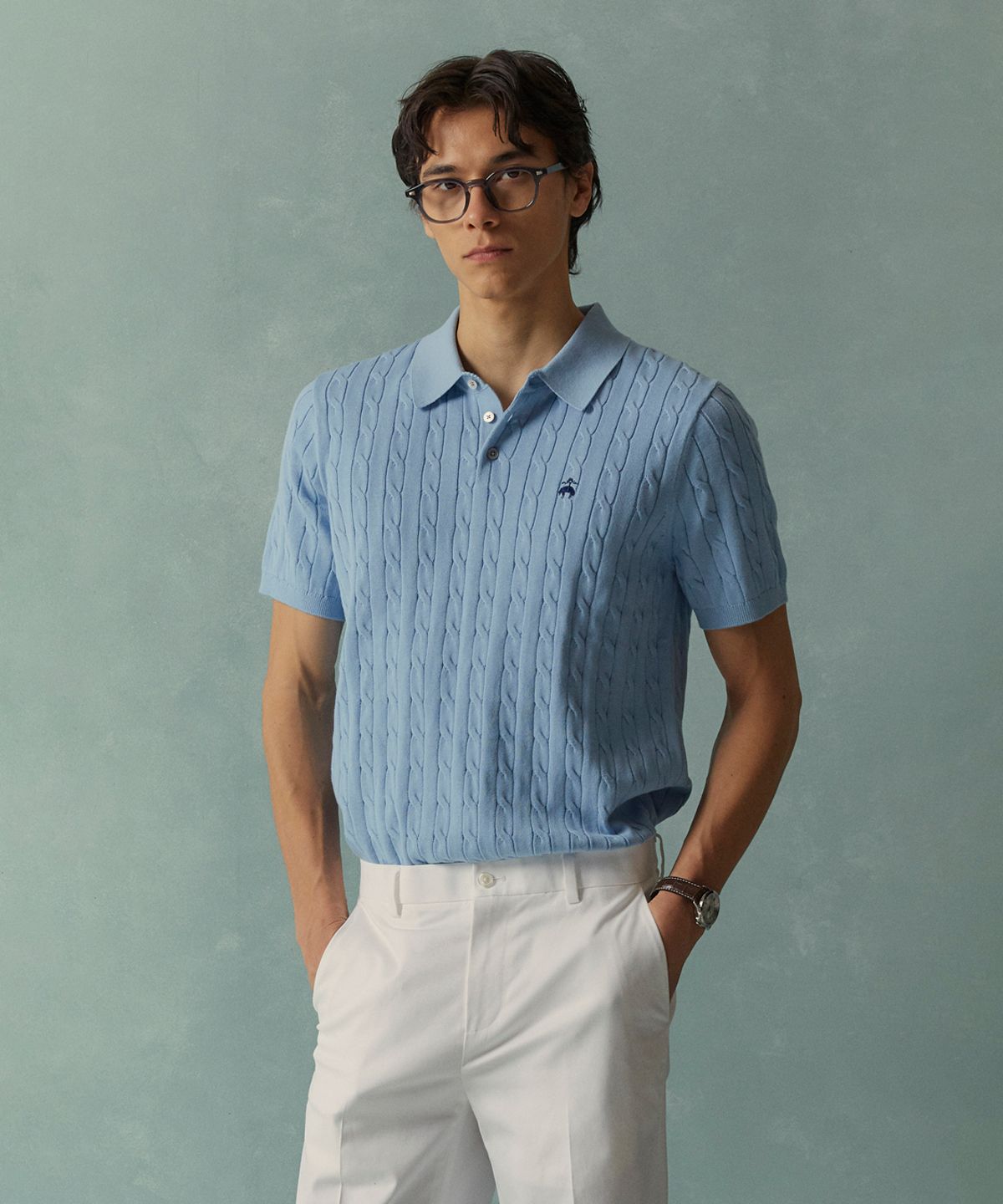 브룩스 브라더스(BROOKS BROTHERS) 코튼 케이블 폴로 반팔 스웨터 (라이트블루) (BBWTMOG204)