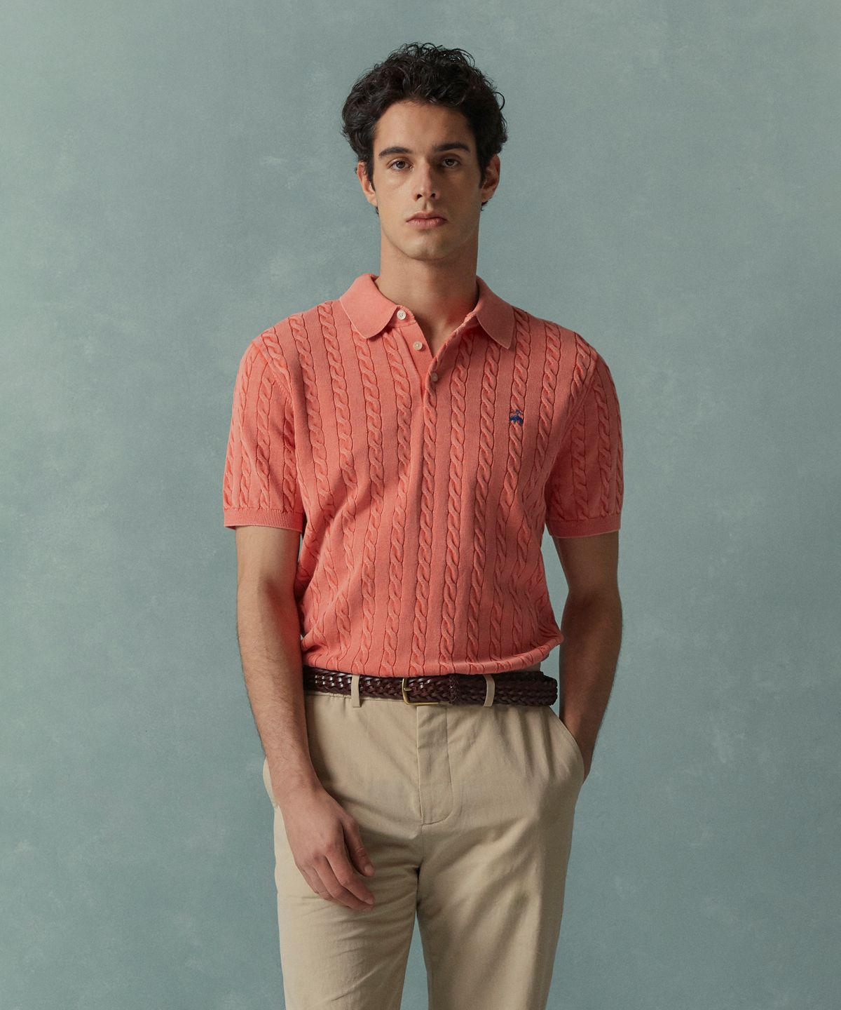 브룩스 브라더스(BROOKS BROTHERS) [Heritage] 다잉 케이블 폴로 반팔 스웨터 (핑크) (BBWRMHG252)