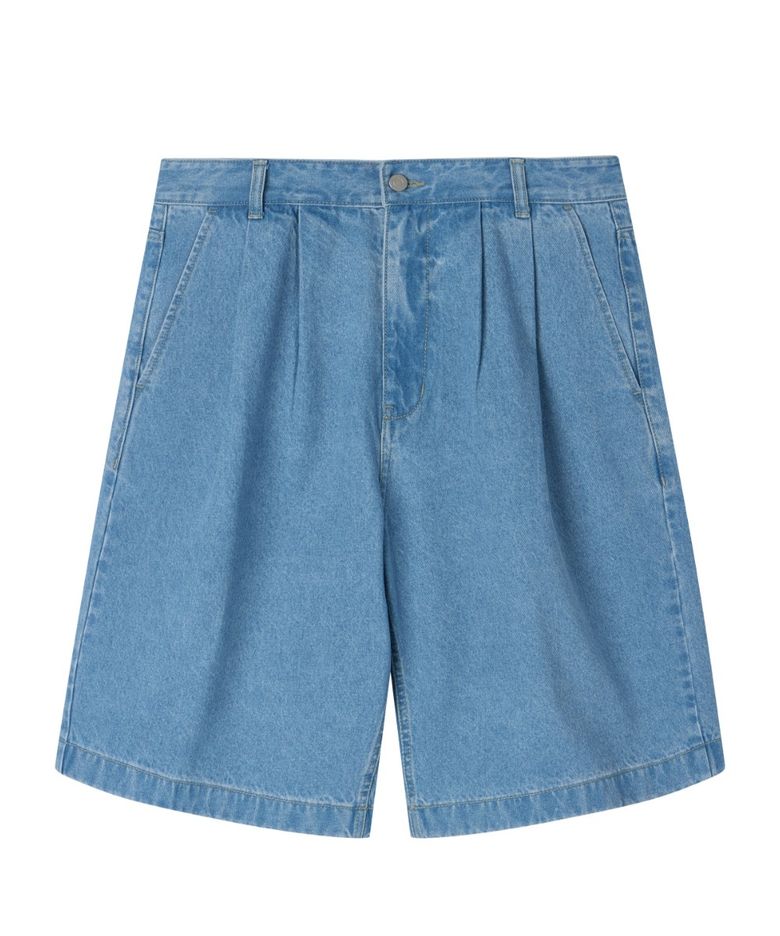 DENIM TWO TUCK HALF TROUSERS - L/BLUE (P262UDP435)