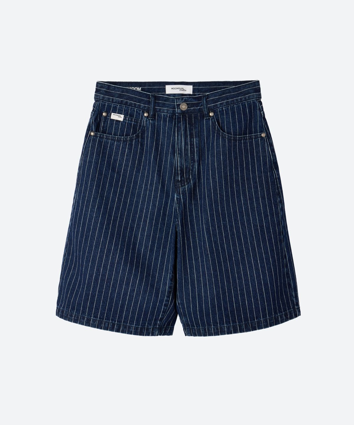 문선(MOONSUN) M.C UNISEX, Pinstripe Denim Bermuda Pants / DARK INDIGO