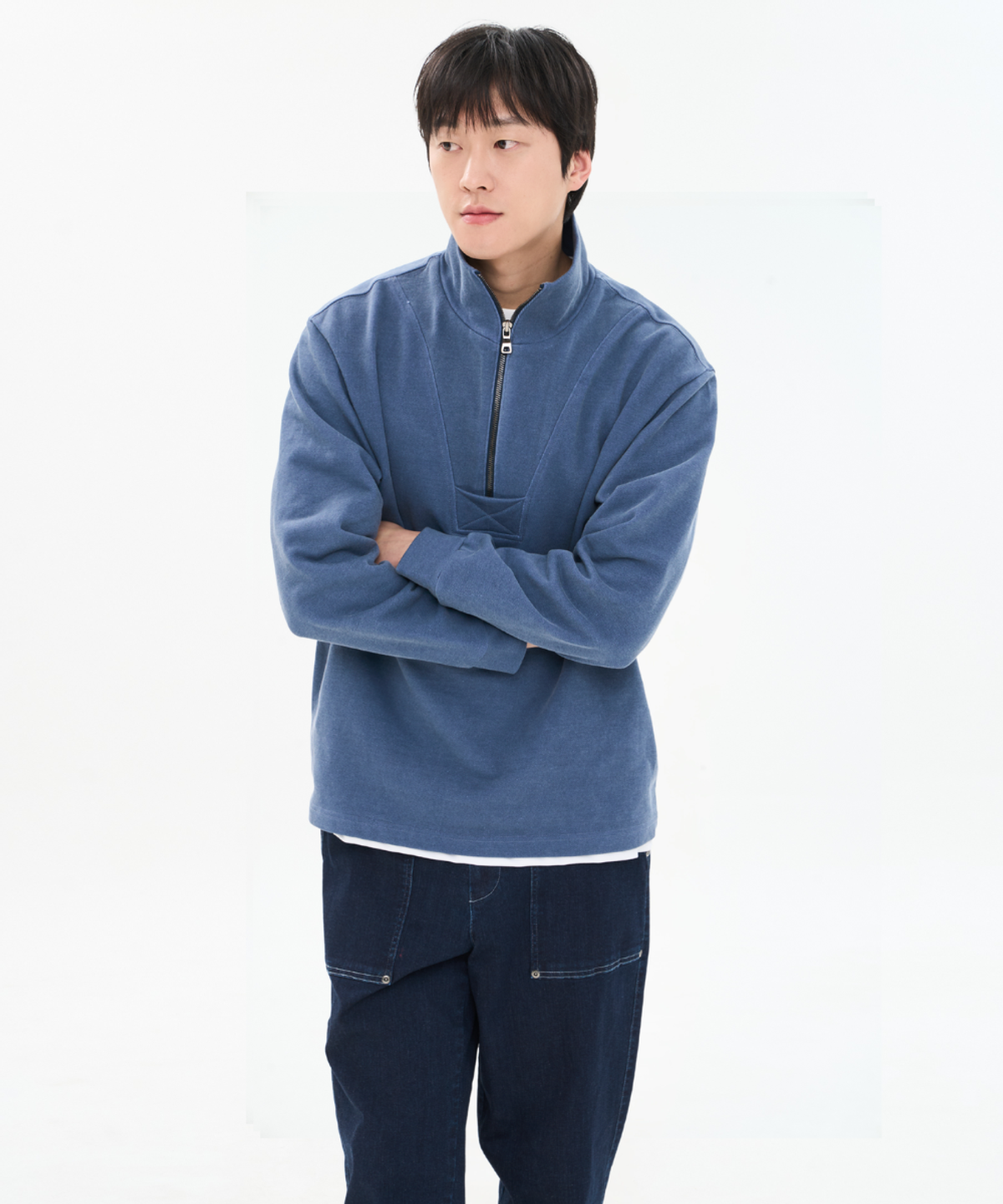 커스텀어스(CUSTOMUS) 남자 피그먼트 헤비 쭈리 코튼 100% 하프 집업 스웨트셔츠 맨투맨 CXS26SKMT203 BLU