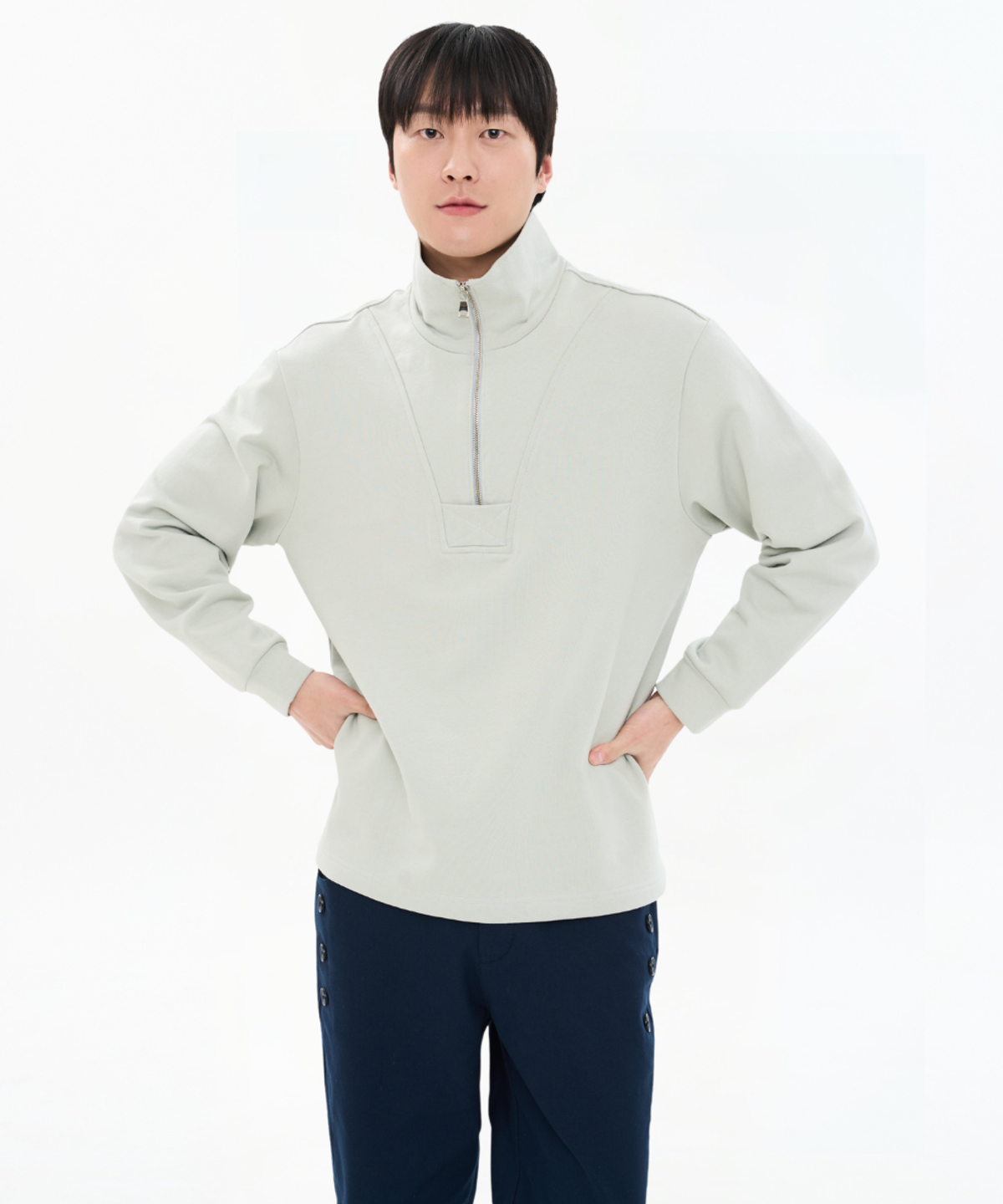 커스텀어스(CUSTOMUS) 남자 피그먼트 헤비 쭈리 코튼 100% 하프 집업 스웨트셔츠 맨투맨 CXS26SKMT203 KHA