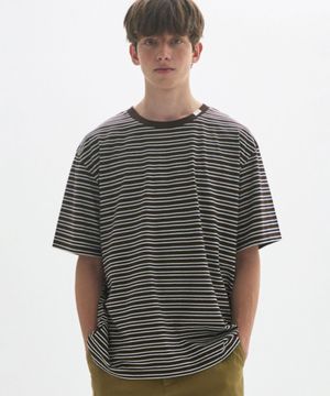 M.C UNISEX, Stripe Oversized T-Shirt / KHAKI BROWN STRIPE