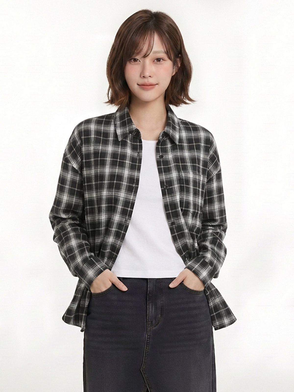 행텐(HANGTEN) 여성 원 포켓 체크 롱 셔츠_100(10570-120-402-68)