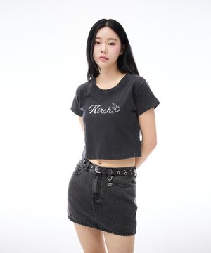 워딩 크롭 피그먼트 티셔츠 [블랙]