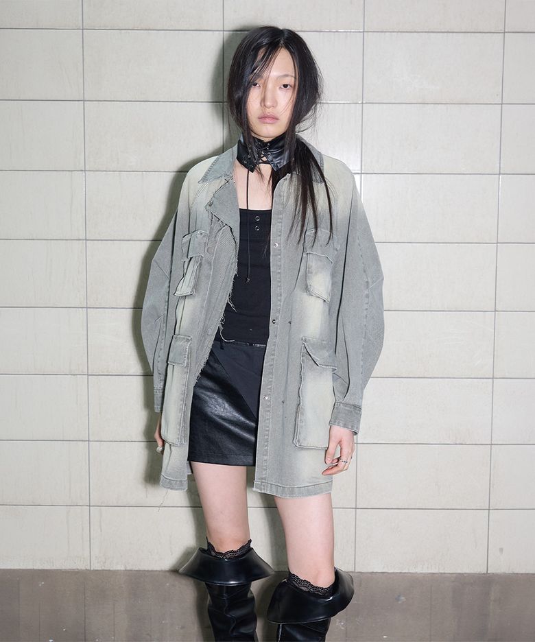 핸드 워싱 빈티지 데님 점퍼 카키 AJ5SM20242