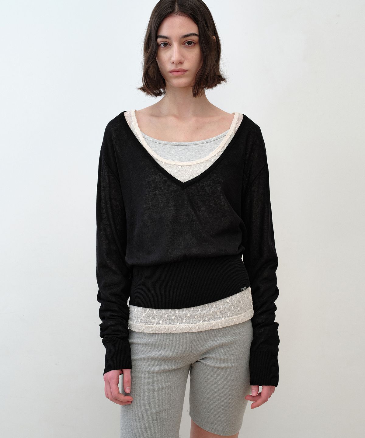 시메트릭 퍼센트(SYMMETRICPERCENT) Deep V-neck Sheer Knit Top / Black
