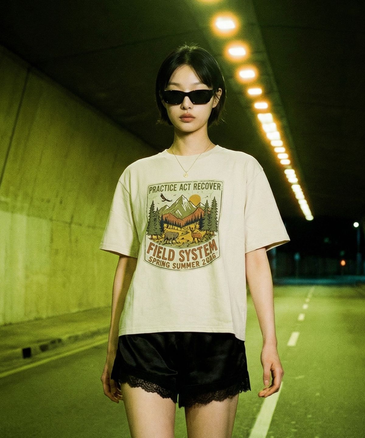 랑가주망(LENGAGEMENT) Field System Salt Wash Crop Short Sleeve T-Shirt (White)